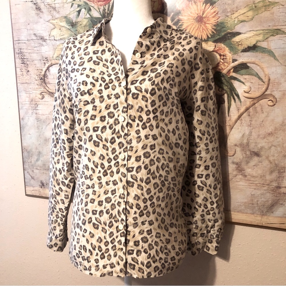 Sz S Anna & Frank Vintage Leopard 100% Silk Button Down Shirt